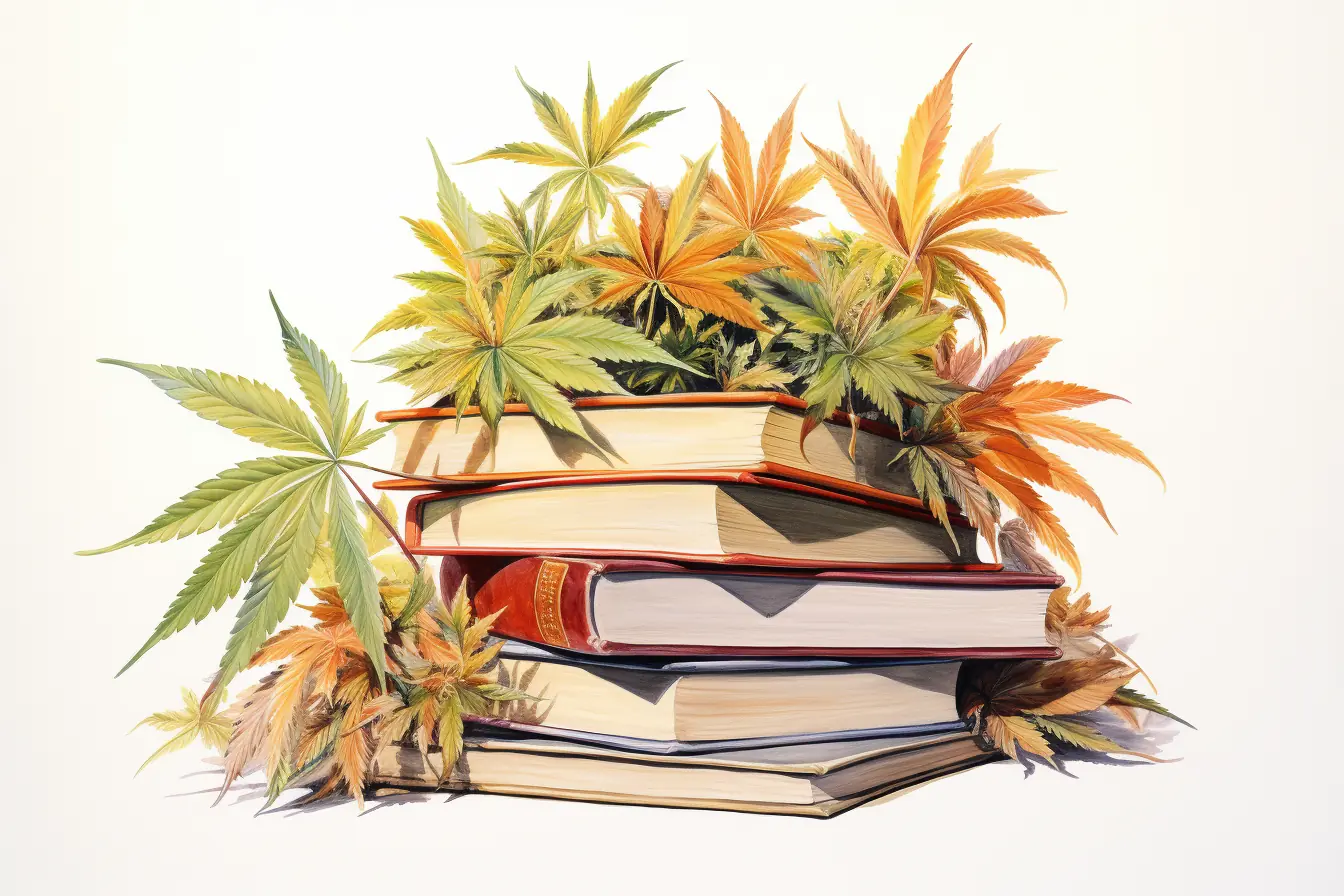 Eine Pflanze, die viele Namen hat, Cannabis, bedeckt farbenfrohe Bücher, die das Lesen faszinierend machen.